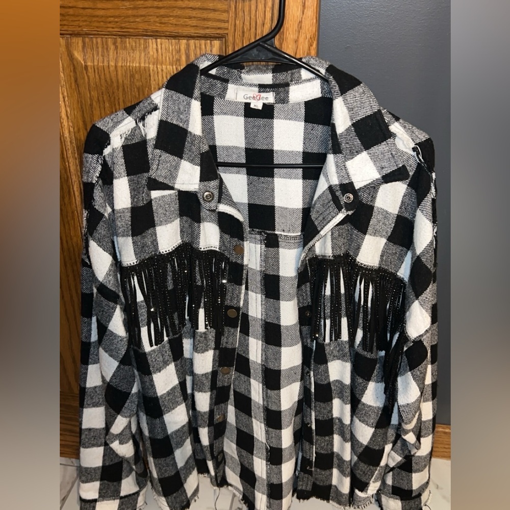 Buckle Black and White Checkered Fringe Jacket